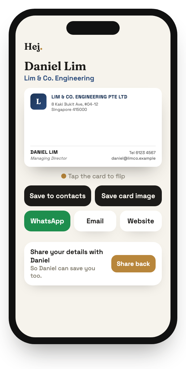 Example E-Copy Card on a phone: Daniel Lim's business card with Save to contacts, WhatsApp, Email and Share back buttons