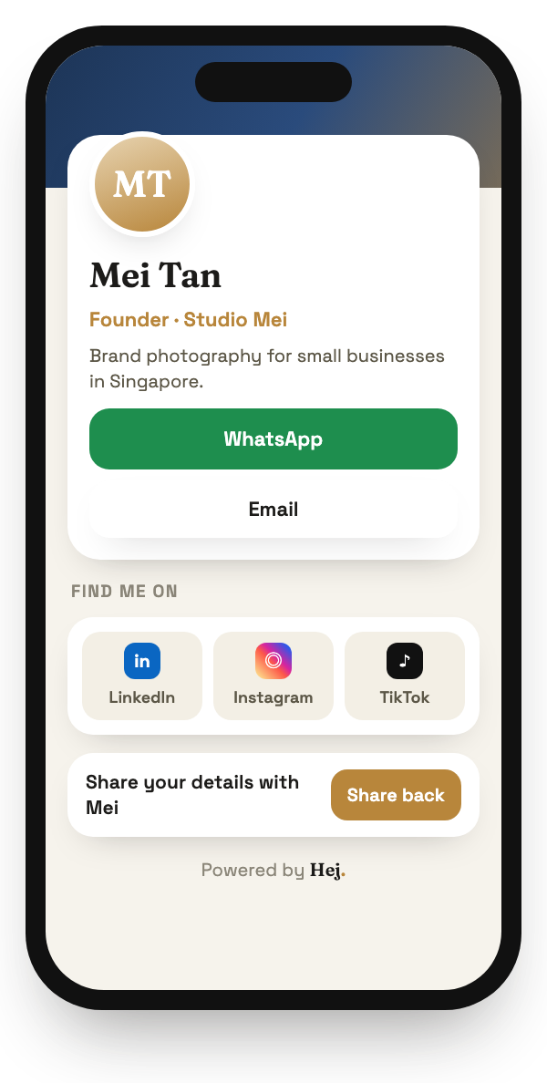 Example Profile Card on a phone: Mei Tan's photo, title, WhatsApp and Email buttons and LinkedIn, Instagram and TikTok links