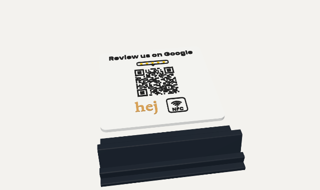 QR stand with a QR code, stars, the Hej logo and an NFC tap icon